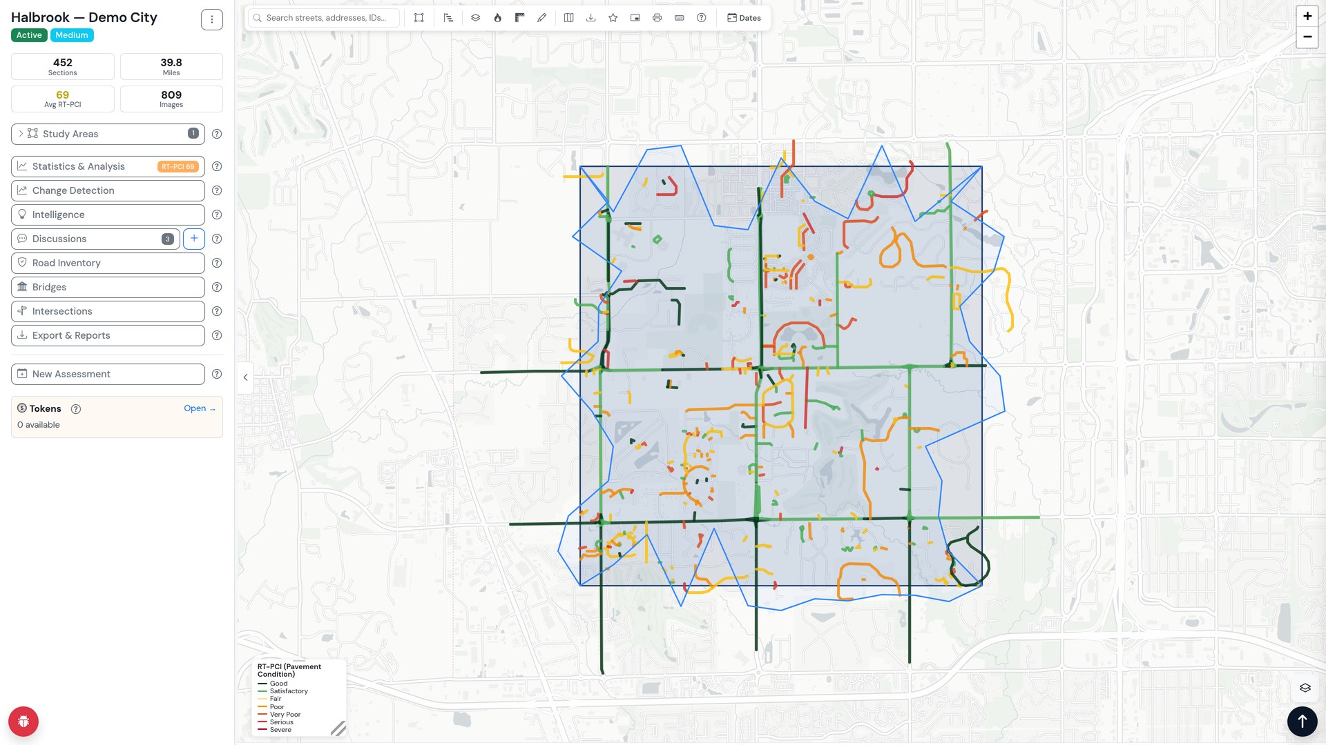 Road Triage project map with every section color-coded by condition (demo data)